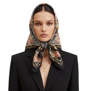 Italian made Baroque style dark blue white gold coral floral print scarf 34 X 34